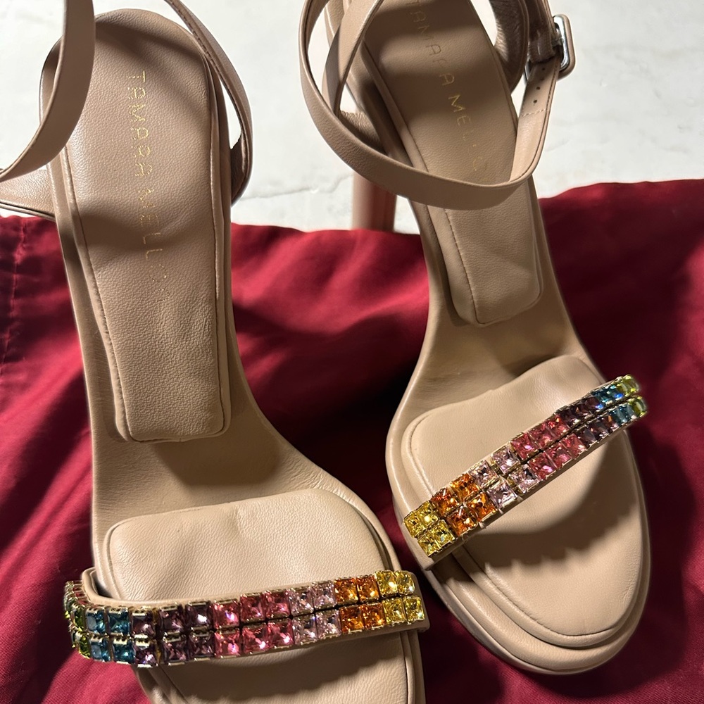 Tamara Mellon Cream Sandals with Elegant Crystal Strap